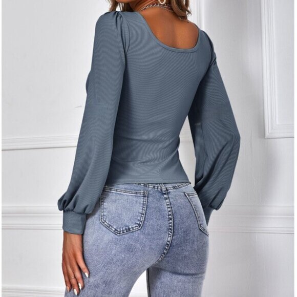 Blue Scoop Neck Rib Knit Lantern Sleeve Tee - Picture 2 of 5